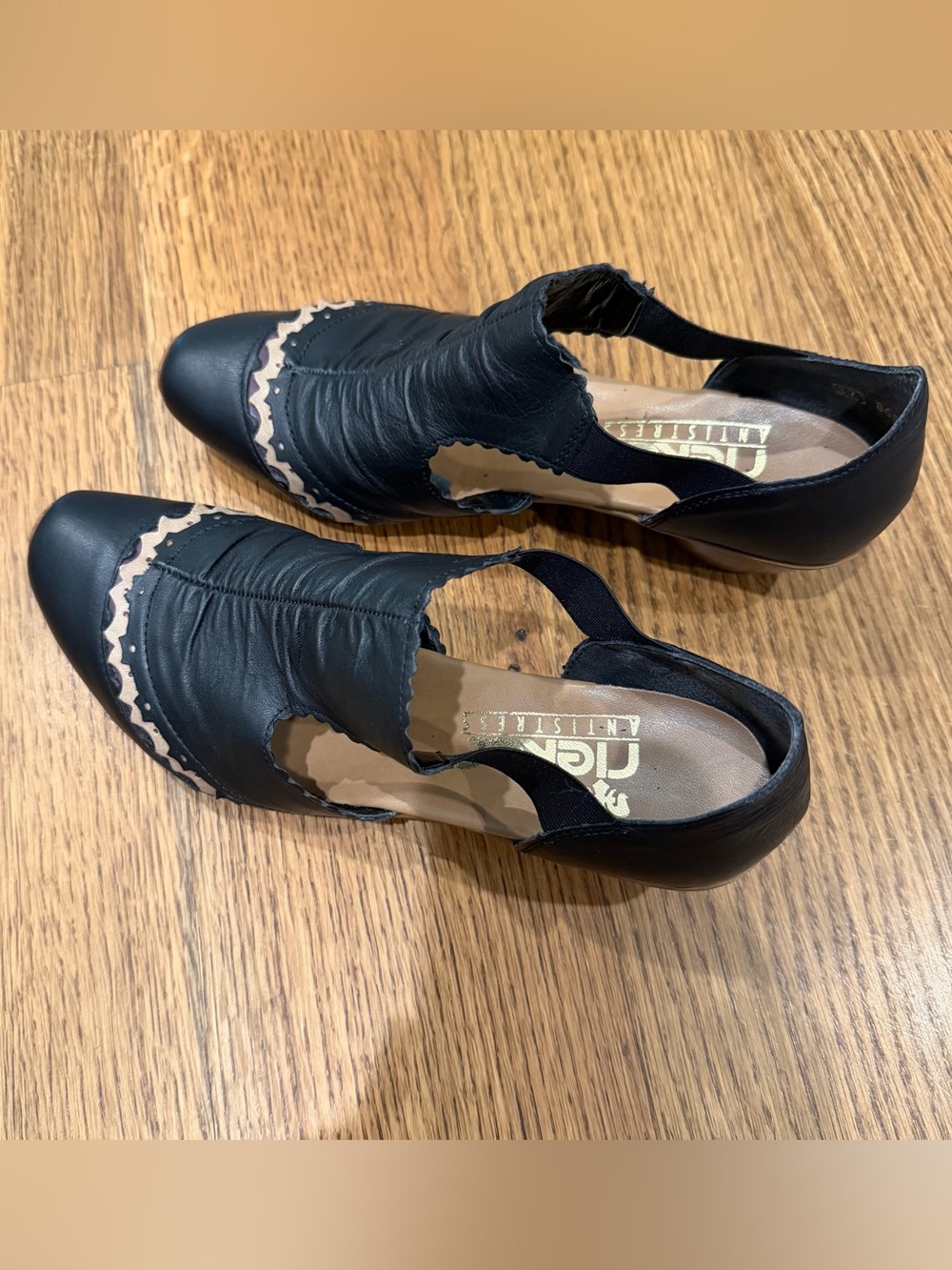 Rieker Antistress Slip-On Leather Shoes, Black & Tan Trim 37 (US 6.5-7) Comfort